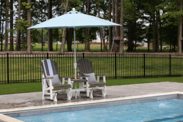Comfo Back Single Gliders & Gliding Settee Table Coastal Gray On White , Umbrella Canvas Air Blue With White Pole