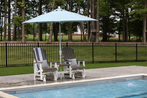 Comfo Back Single Gliders & Gliding Settee Table Coastal Gray On White , Umbrella Canvas Air Blue With White Pole